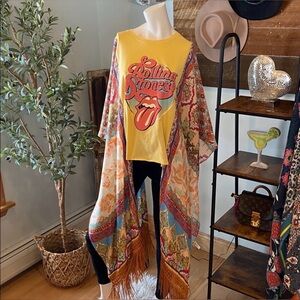 Rolling Stones Graphic Tee w/ Colorful Kimono Sleeves with fringe - ONE SIZE